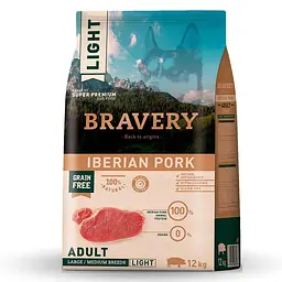 Сухий корм для собак cередніх та великих порід BRAVERY Iberian Pork Large/Medium Adult LIGHT зі свининою по-іберійськи Легкий 12 кг