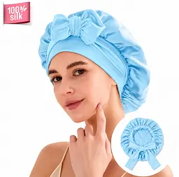 Двошарова шовкова жіноча шапка для сну великого розміру MaryuPHair 100% шовк мульбері з регульованою гумкою та бантом (блакитний)
