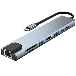 Хаб USB GTL "8-in-1", Grey, Type-C 3.1 - 1xType-C (100 Вт) / 1xType-C 2.0 / 1xUSB 3.0 / 1xUSB 2.0 / HDMI / GLan / microSD / SD, кабель 15 см, алюмінієвий корпус (GTLHUB8IN1)