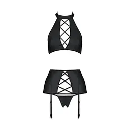Комплект з екошкіри Passion NANCY SET 4XL/5XL black, імітація шнурівки, топ, пояс для панчіх