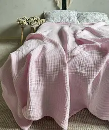 Покривало Zeintex Heaven муслінове бавовняне рожевого кольору 210х230 см - мініатюра 4