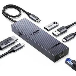 Док-станція UGREEN Revodok Pro CM828 хаб з підключенням до комп’ютера через USB-C 6 в 1 відеовихід HDMI 4K 60 Гц 2 USB-A та 1 USB-C для даних до 10 Гбіт/с Ethernet RJ45 до 1000 Мбіт/с вхід живлення USB-C PD 3.0 до 100 Вт із наскрізним заряджанням ноутбука до 85 Вт для HDMI потрібен USB-C комп’ютера з підтримкою відеовиходу дублювання екрана та розширення робочого столу з індикатором роботи вбудований кабель 0,3 м космічний сірий (45364)