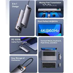 USB type C HUB Baseus 8 in 1 PD100W 4K 60 Гц USB 3.0 10 Гб/с - мініатюра 6