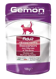 Вологий корм для котів GEMON Cat Wet Adult шматочки з яловичиною та овочами 100 г