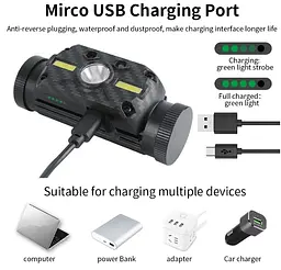 Налобний ліхтар Boruit B34 сенсор 21700/18650 ІК руху USB XM-L2+2*COB 4000лм - мініатюра 8