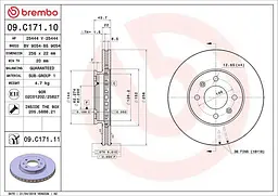Диск гальмівний передній вентильований Kia Rio III 10-25р Brembo (09.C171.11)