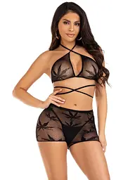 Комплект Leg Avenue Wrap Around Bra Top & Boy Shorts, One Size, чорний, сітчастий, бралет та шорти - мініатюра 1