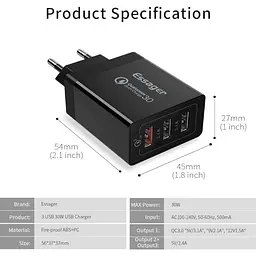 Адаптер блок живлення 3 порти (виходу) Essager Fangbo QC3.0 3U (QC+Dual 2.4A) чорний - мініатюра 4