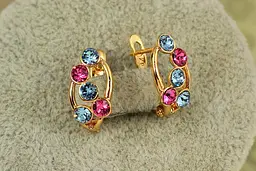 Сережки Xuping Jewelry Бульбашки Сваровські рожеві і блакитні камені 1.6 см золотисті - мініатюра 2