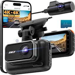 Двоканальна камера IIWEY 4K Dash Cam спереду ззаду, 3-дюймовий IPS-екран, 5G Wi-Fi 64GB SD-карта в комплекті, 4K 2160P