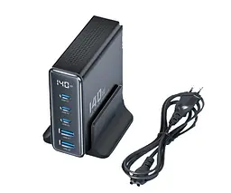 Зарядний адаптер блок живлення Toocki 140W QC4.0 3xType-C+2xUSB євровилка чорний