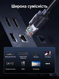 Мережевий кабель Ethernet UGREEN NW315 20 м патч-корд штекери RJ45 на обох кінцях Cat 6A до 10 Гбіт/с лише за підтримки 10GBASE-T обома портами й відповідності всієї лінії вимогам з’єднання неекранований з мідненими алюмінієвими жилами не рекомендований для PoE подовжений пластиковий фіксатор для зручного натискання й від’єднання чорний (55164) - мініатюра 6