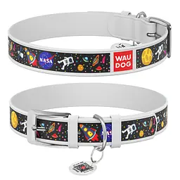 Нашийник для собак шкіряний Waudog Design з QR-паспортом "NASA" L Ш 25 мм Д 38-49 см білий