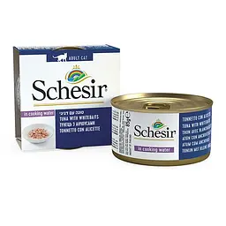 Вологий корм для котів Schesir Tuna Whitebaits Шезір тунець з анчоусами і рисом в бульйоні натуральні консерви банка 85 г (750525)