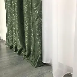 Льняні штори "бите стекло" зеленого кольору 2шт. 150х270 з білим шифоновим тюлем 400х270, на тасьмі ALBO pbe0052742 - мініатюра 2