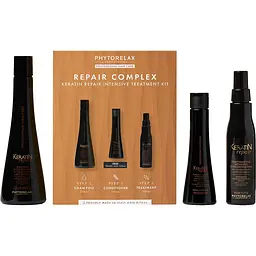Уцінка. Набір Phytorelax Keratin Repair: шампунь для відновлення волосся 250 мл + інтенсивний відновлюючий спрей 150 мл + молочко для миттєвого відновлення волосся 100 мл 