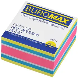Блок для нотаток Buromax з клейким шаром 75х75 мм 450 аркушів неон 3 кольори + білий (BM.2317-97)