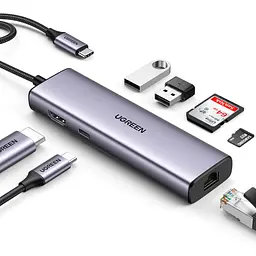 Док-станція USB3.1 Type-C --> HDMI 4K60Hz/USB 3.0x2/RJ45/SD/TF/PD 100W Ugreen CM512 Сіра - мініатюра 2