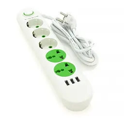 Мережевий фільтр-подовжувач Voltronic F02UW 3 розетки EU + 2 розетки Universal + 3 USB, 1,5 м, 2500 Вт, білий - мініатюра 1
