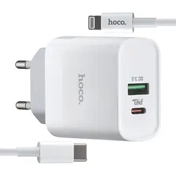 Мережевий зарядний пристрій Hoco C80A Rapido PD20W + QC3.0 charger set Type-C to Lightning ( EU ) Білий