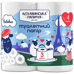 Папір туалетний Кохавинська папірня Бавовна целюлозний 3 шари 4 шт.