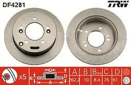 Диск гальмівний невентильований Hyundai Tucson I, Sonata V, Xg III 98-19р TRW (DF4281)