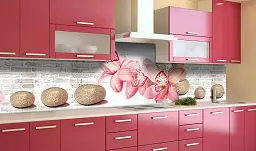 Вініловий кухонний фартух Happy Pocket Бежеві камені і Орхідеї наклейка для кухні ПВХ цеглини Текстура Z181585