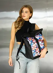 Жіночий рюкзак Sambag Roll Top One чорний принт "Flowers" 41 х 30 х 16 см (24208153) - мініатюра 2