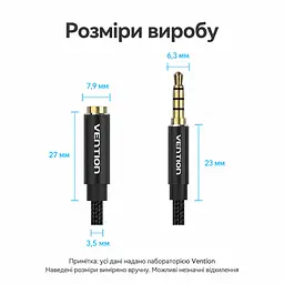 Аудиоудлинитель Vention 10 м 3,5 мм TRRS штекер на гнездо с поддержкой микрофона гарнитуры через совместимое комбинированное гнездо с сохранением управления кнопками совместимой гарнитуры в хлопковой оплётке с позолоченными контактами чёрный (BHCBL) - миниатюра 6