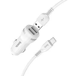 АЗП - Зарядний адаптер для авто Hoco Z27 + кабель Type-C - 2 USB 2.4A комплект білий