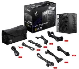 Блок живлення 1000 Вт, MSI MPG A1000G PCIE5, Black, модульний, 80+ Gold, Active PFC, 13.5 см, 4xMolex / 12xSATA / 1x16-pin / 6x6+2-pin / 1x4+4-pin / 1x20+4-pin, захист OCP/OVP/OPP/OTP/SCP/UVP - мініатюра 4