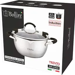 Каструля з кришкою Bollire Trento, зі зливом, срібляста, 24 см, 4,7 л (BR-2404) - мініатюра 3