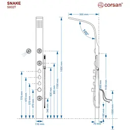 Душова панель Corsan Snake inox з термостатом S002TSL, Нержавіюча сталь - мініатюра 5