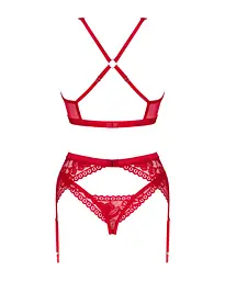 Комплект білизни Obsessive Lacelove cupless 3pcs set XS/S Red, бюстгальтер, стрінги, пояс для панчіх