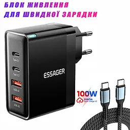 Потужний Зарядний Пристрій 100W з Кабелем Essager GaN2 Pro QC PD 20V 5A Зарядка 100 Вт Блок живлення Type c Зарядка 100W - мініатюра 2