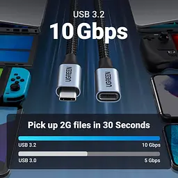 Кабель Ugreen USB 3.1 Type-C M-F,1 м,5A （10Gbps）Чорний,US372 (30205) - мініатюра 11