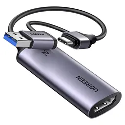 Карта відеозахоплення UGREEN CM629 відеограбер вхід HDMI вихід USB-A або USB-C вхідний сигнал до 4K 60 Гц YCbCr 4:2:0 захоплення до 2K 30 Гц для сигналу без захисту HDCP із синхронним захопленням звуку для запису та прямих трансляцій сумісна з OBS Studio для Windows та macOS і Linux перегляд і запис на сумісному Android-пристрої з USB-C через застосунок USB Camera не потребує зовнішнього блока живлення перехідник на гнучкій перемичці інтерфейс USB 3.0 космічний сірий (15389)