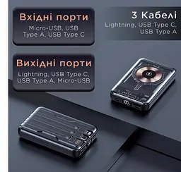 Павербанк універсальний з магнітною бездротовою зарядкою MAGSAFE Li-Pol 10000 мАг для телефона та інших пристроїв  Power bank Smart X зі швидкою зарядкою Fast Charge та 3 вбудованими кабелями (Lightning, USB-C, USB-A) 10000 mAh Чорний - мініатюра 9