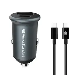 Автомобільний зарядний пристрій 20W в прикурювач з підтримкою QC3.0 та Power Delivery, виходи USB та Type-C, в комплекті кабель USB-C, швидка зарядка для телефону та планшета, ArmorStandart (ARM82461)