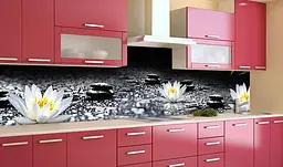 Вініловий кухонний фартух Лотоси і Роса наклейка для кухні камені Квіти Сірий 60х200 см Happy Pocket Z181451