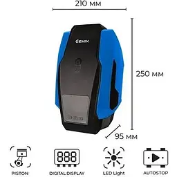 Автокомпресор Gemix Model G black/blue поршневий з сумкою цифровий манометр функція Autostop ліхтарик 35 л/хв - мініатюра 2