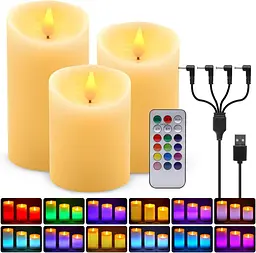 Набір декоративних RGB LED свічок із восковим корпусом, пультом та таймером, 3 штуки
