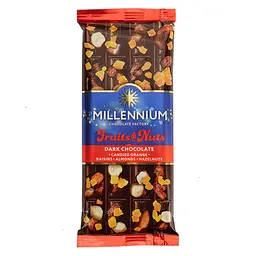 Шоколад чорний Millennium Fruits&Nuts з мигдалем, цілими лісовими горіхами, апельсиновими цукатами та родзинками 90 г