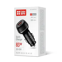Автомобільний зарядний пристрій ColorWay 2USB (Type-C PD65W + USB QC3.0 18W) 83W Чорний (CW-CHA068PD-BK)