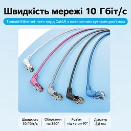 Патч-корд Ethernet Cat6A з поворотом кутових конекторів на 360° Vention 1 м LAN-кабель UTP без екранування зі штекерами RJ45 8P8C на обох кінцях зі швидкістю передавання даних 10 Гбіт/с з зовнішнім діаметром 2,8 мм для підключення в обмеженому просторі чорний (IBOBF) - мініатюра 13