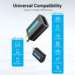 Перехідник USB 2.0 Type-C USB AF (OTG) PVC Vention чорний - мініатюра 9