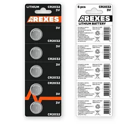 Батарейка літієва Arexes CR2032, 5 штук у блістері, 3V