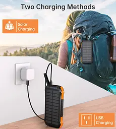 УМБ Choetech 10000mAh 2xUSB-A,1xUSB-C,solar panel, Qi-5W Black-Orange - мініатюра 5