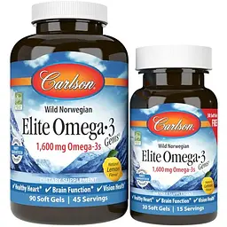 Жирні кислоти Carlson Labs Wild Norwegian Elite Omega 3 Gems, 90+30 капсул - Лимон