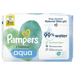 Дитячі вологі серветки Pampers Harmonie Aqua 144 шт. (3 уп. по 48 шт.) - мініатюра 2